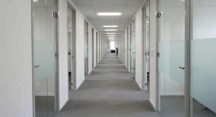 Naklejka premium Modern Office Corridor Design - Clean, minimalist office hallway with frosted glass doors. Perfect for corporate, business, and real estate photos