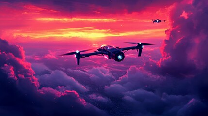 Futuristic drone soaring through vibrant clouds at sunset.
