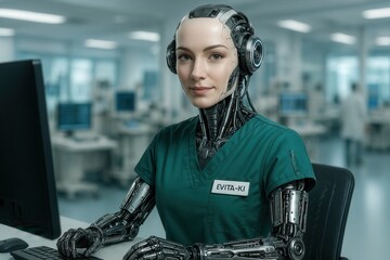 Humanoide Roboterin mit realistischer Gesichtspartie und mechanischem Körper in medizinischer Kleidung am Computerarbeitsplatz in moderner Klinik, 3D-Rendering.