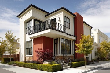 A contemporary two-story home with muted coral stucco and crisp white window frames, accented by steel railings and details