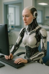 Futuristische humanoide Roboterin mit mechanischem Körper arbeitet konzentriert an einem Computer in klinischer Umgebung, technisches 3D-Rendering ohne Kleidung.