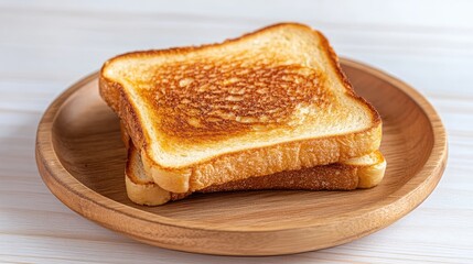 Golden Brown Toast Slices on Wooden Plate with Light Background