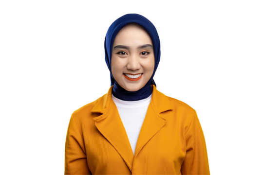 Headshot of beautiful young Asian woman looking at camera with confidently smiling, expressing positivity isolated on transparent background