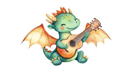 Fototapeta premium Cute Cartoon Dragon Playing Guitar with Joyful Expression Watercolor