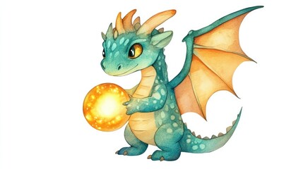 Obraz premium Cute Colorful Dragon Character Holding Magical Golden Sphere Watercolor