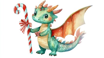 Obraz premium Adorable cartoon dragon holding a candy cane in festive design Watercolor