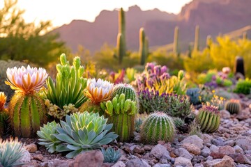 Blooming cacti and succulents thriving in a desert botanical garden at sunset with mountains in the background