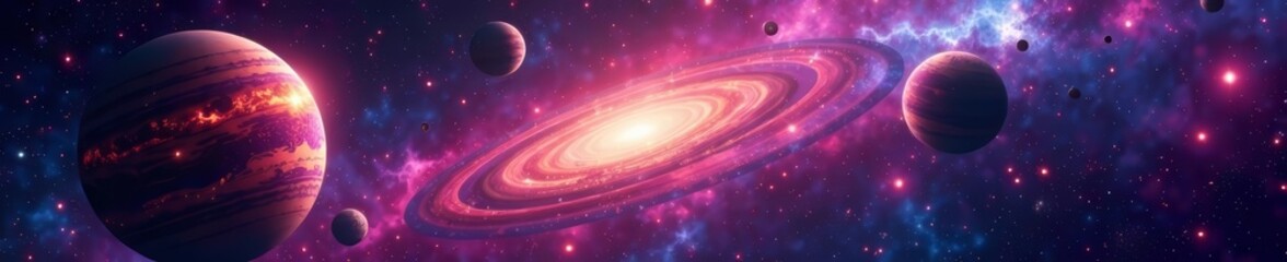 Obraz premium Colorful galaxy with vibrant planets floating in space, solar system, stars