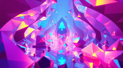 Central explosion of faceted shapes radiates energy through high-saturation colors and sharp lighting.