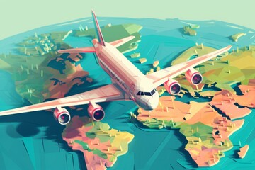 Naklejka premium Airplane flying over a detailed world map, illustrating global travel and international connectivity