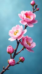 Fototapeta premium Dainty blue branch adorned with peony rose and sakura flowers in full bloom, botanical, spring, blossom