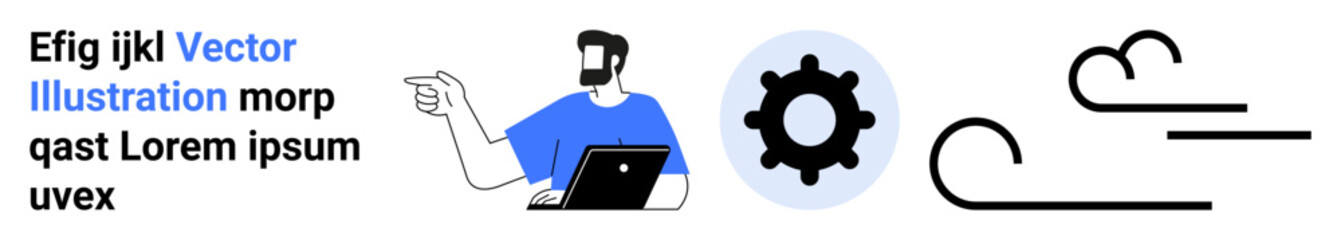 Man with a laptop pointing at a gear icon, representing settings or solutions. Abstract clouds suggest progress and innovation. Ideal for technology, web design, workflow, teamwork, problem-solving