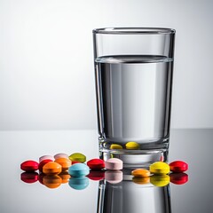 Glass of water with colorful pills