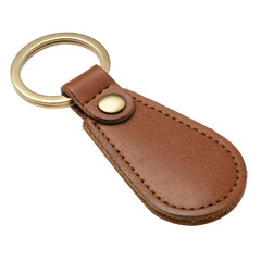 Mockup of a keychain made of brown leather, with a golden ring. Artwork for logo, brandmark, or logotype presentation. Isolated on transparent background