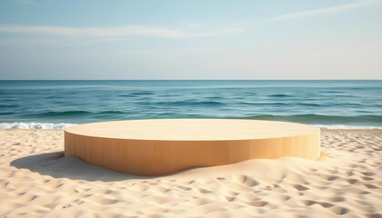 Elevated beige platform on sandy beach, ocean backdrop, sand, natural