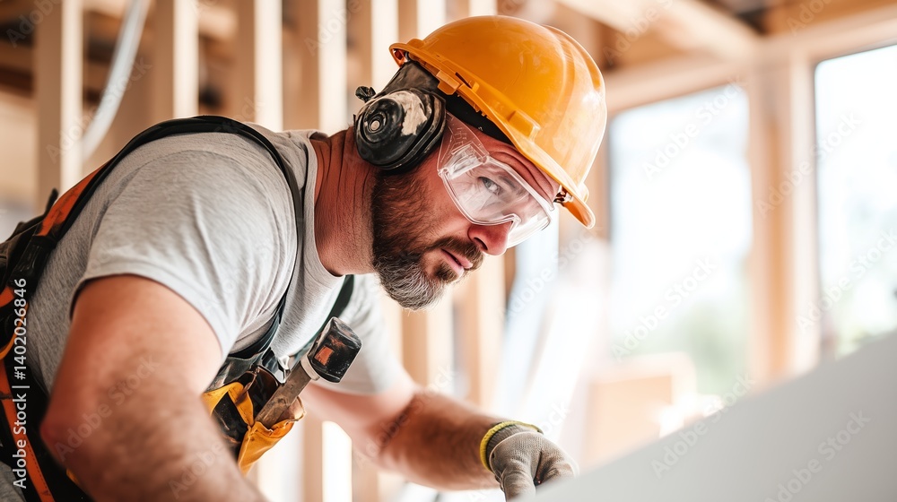 Poster skilled construction worker focuses on tasks at a building site during daylight hours
