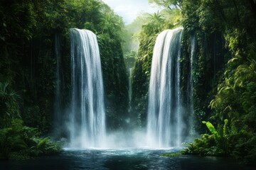 Naklejka premium Two waterfalls in lush forest