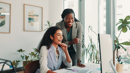 Teamwork, business people and women with computer, funny and help with conversation, publishing and...