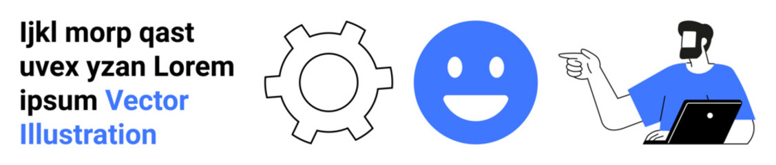 Gear symbol, blue happy face, man working on laptop gesturing forward. Ideal for technology, business, teamwork, communication, presentation, creative processes modern flat landing page banner