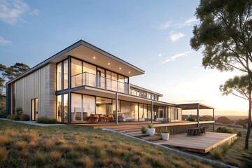 Fototapeta premium Modern Villa Exterior In Summer Luxury house exterior with brick and siding trim