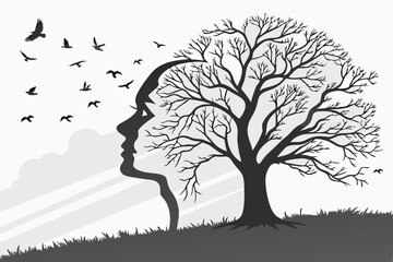 34 Surreal art, human head-shaped tree, birds flying away, branches forming brain structure, black and white photography, symbolic imagery, memory loss concept, solitary tree in field, dramatic cloudy