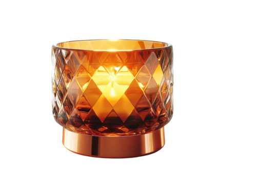 Amber glass candle holder with copper base warm light diamond pattern elegant home decor