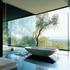 Fototapeta premium A modern bathroom with expansive glass walls showcasing a scenic landscape.