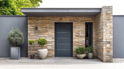 A minimalist home entrance with a slate gray wooden door and a warm sandstone stone wall