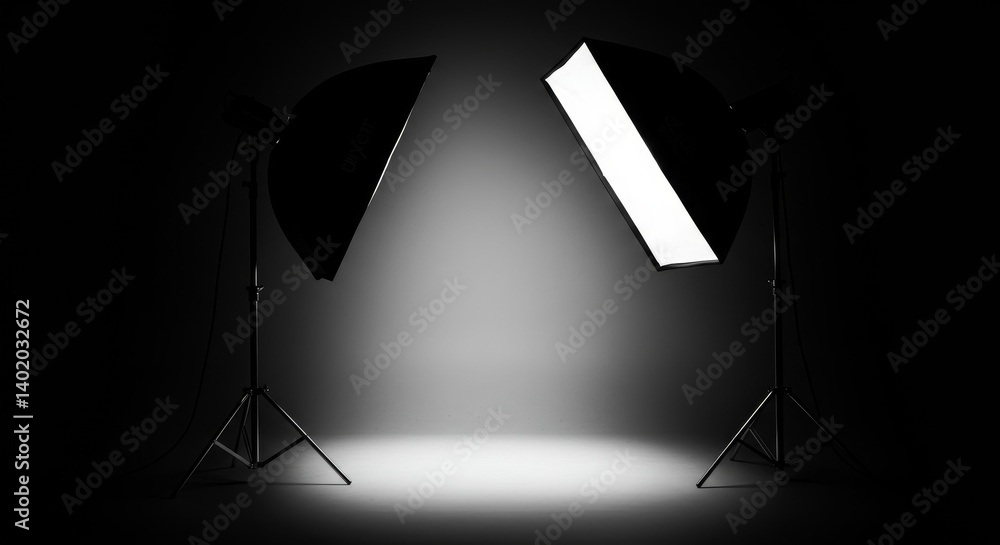 Poster studio lighting setup for - two softboxes illuminate a dark studio, creating a bright, even light on