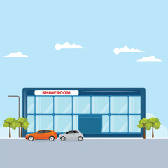 Vector illustration of car showroom in cartoon flat style. Dealership building for selling land vehicle. Automotive industry business car sales. Car parking roadside of glass building