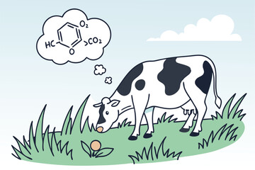 35 Dairy cow in field, methane emissions, CH4 molecule, cartoon style, environmental impact, climate change illustration, green grass, blue sky, white clouds, black and white spotted cow, thought bubb