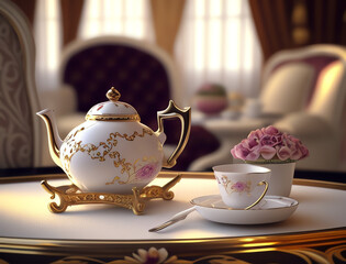 Fototapeta premium An exquisite teapot alongside a beautifully arranged tea set creates a charming atmosphere perfect for afternoon tea gatherings.