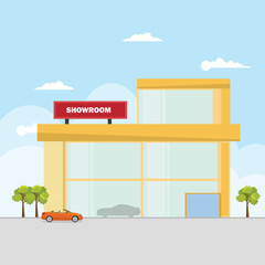 Vector illustration of car showroom in cartoon flat style. Dealership building for selling land vehicle. Automotive industry business car sales. Car parking roadside of glass building