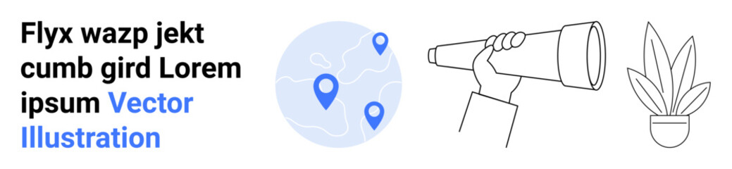 Map with location pins, hand holding a telescope, potted plant. Ideal for navigation, discovery, exploration, wayfinding, searching adventure travel concepts. Perfect for a flat landing page banner