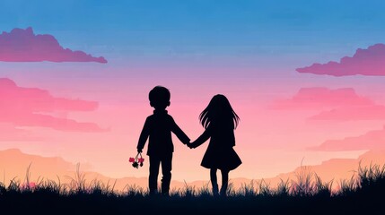 Fototapeta premium Silhouette Couple at Sunset Pixel Art Romance