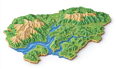 Fototapeta premium 3D topographic map of a mountainous region with rivers and valleys, ideal for geography education