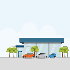 Vector illustration of car showroom in cartoon flat style. Dealership building for selling land vehicle. Automotive industry business car sales. Car parking roadside of glass building