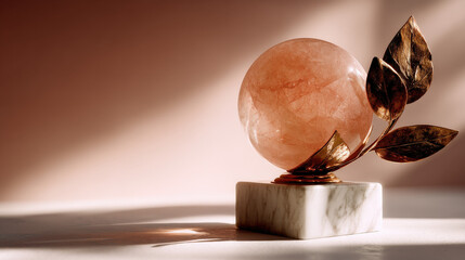 A stylized fine-art photo featuring a translucent peach-hued crystal sphere with a copper botanical leaf, resting elegantly on a white marble pedestal, surrounded by a dusky rose ambient glow and de