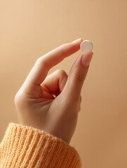 Photo of a finger holding a round pill