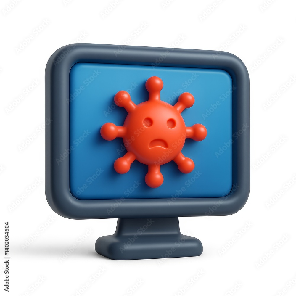 Poster 3d icon of computer virus on screen with sad expression