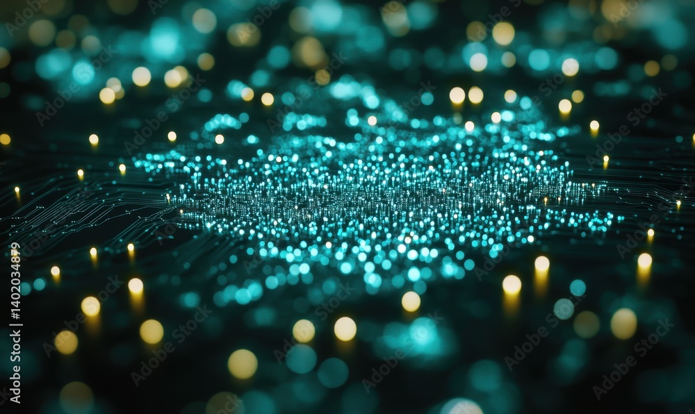 Poster abstract teal data flow on circuit board, digital technology background, for tech websites