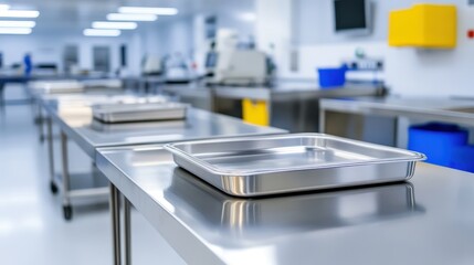 Modern kitchen workspace with stainless steel trays, bright lighting, and organized equipment