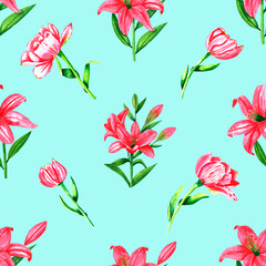 Seamless pattern with pink lilies and tulips on blue background, watercolor floral pattern suitable for wallpaper, cards or fabric.