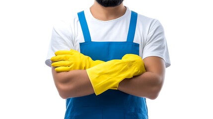 Bearded Muslim Cleaner is Wearing White T-shirt, Standing While Crossing Arms, Isolated on White Background : Suitable for Be Used in Content Related to Cleaning and Maintenance Theme