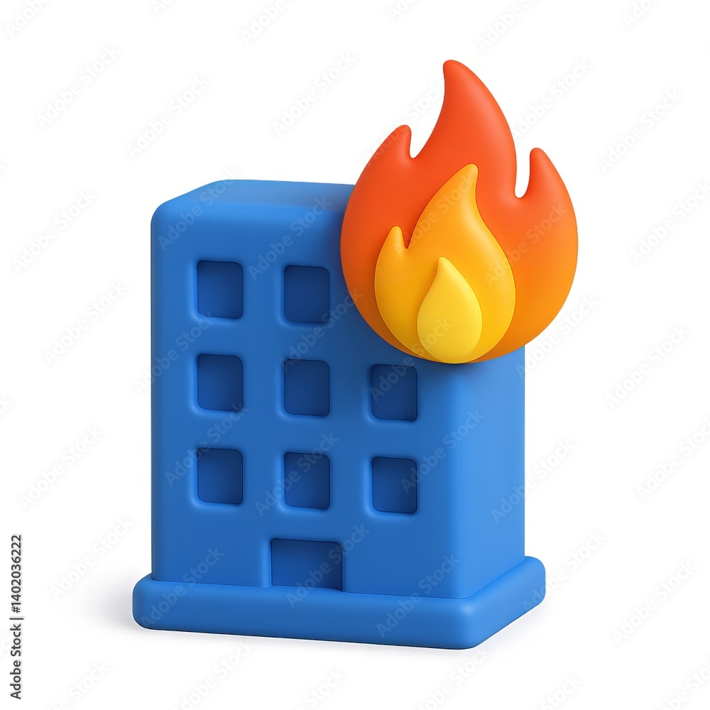 Poster simple 3d icon of building with fire element for creative projects