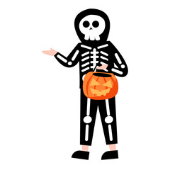 Child in Skeleton Costume with Pumpkin Bucket, Halloween Icon.