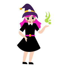 Cartoon Witch with Pink Hair Casting a Green Spell