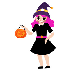 Pink-haired girl in witch costume with pumpkin candy bucket.