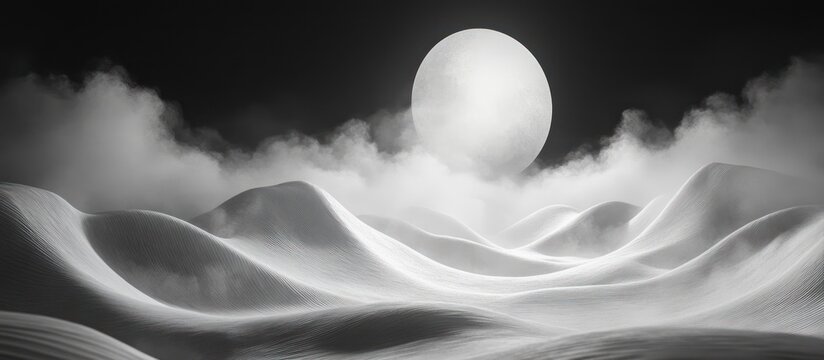 Monochromatic landscape with a full moon over misty, rolling hills.