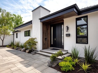 A minimalist modern house with a front door made of black wooden slats, paired with white stucco walls